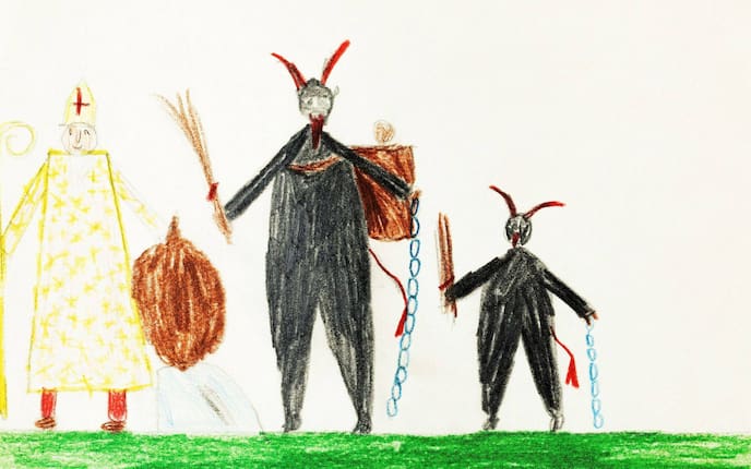 Krampus und Nikolo gemeinsam auf einer Kinderzeichnung verewigt.