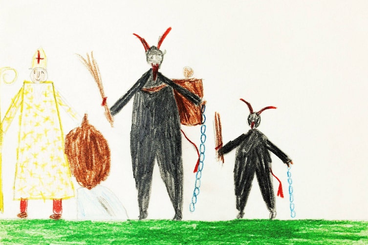 Krampus und Nikolo gemeinsam auf einer Kinderzeichnung verewigt.