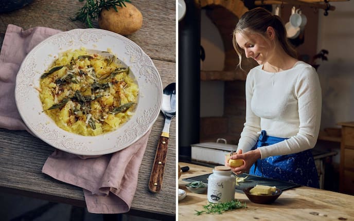 Paula Bründl im Forsthaus Wartenfels bei der Zubereitung ihres schnellen Erdäpfelstampfs mit Kräuterbutter.