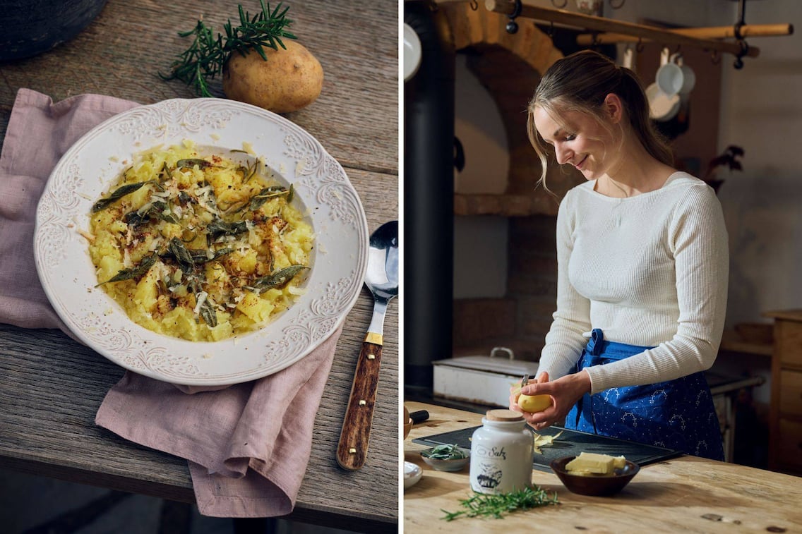 Paula Bründl im Forsthaus Wartenfels bei der Zubereitung ihres schnellen Erdäpfelstampfs mit Kräuterbutter.