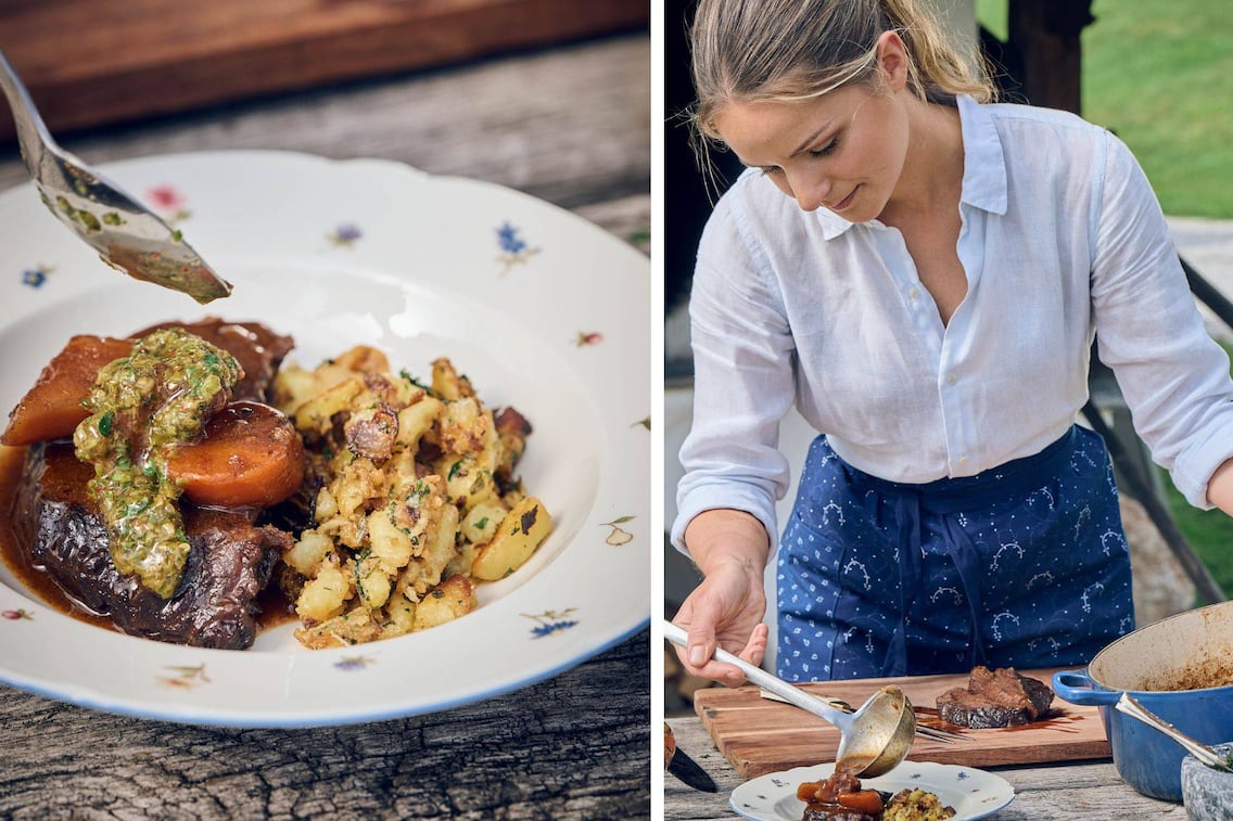 Geschmorte Rindsbackerl, Kräuter Salsa, Erdäpfel, Paula Bründl, Servus TV, Stervus Rezept