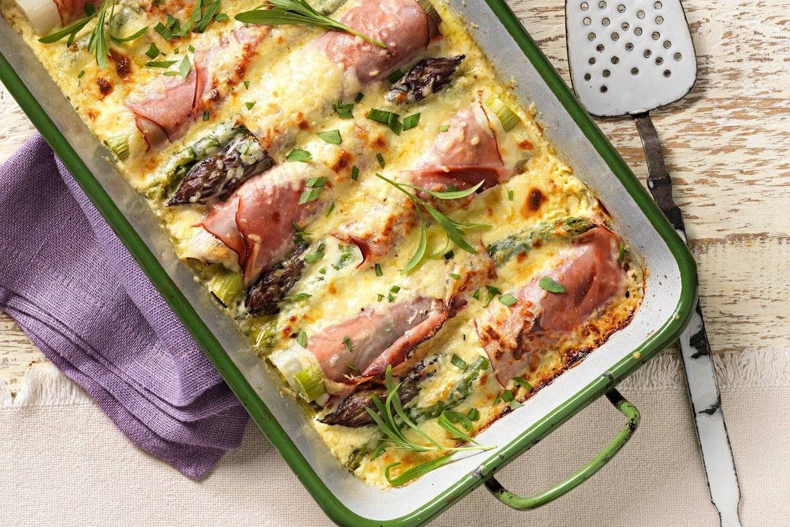 Überbackener Spargel, Schinken, Spargek grün, Rein, Hauptspeise, Servus Rezept