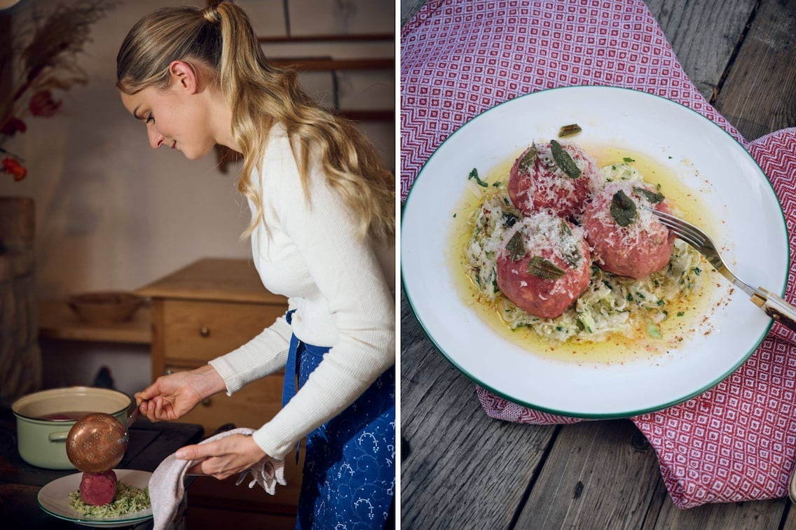 Paula Bründl, Rohnenknödel mit Krautsalat, Rezept