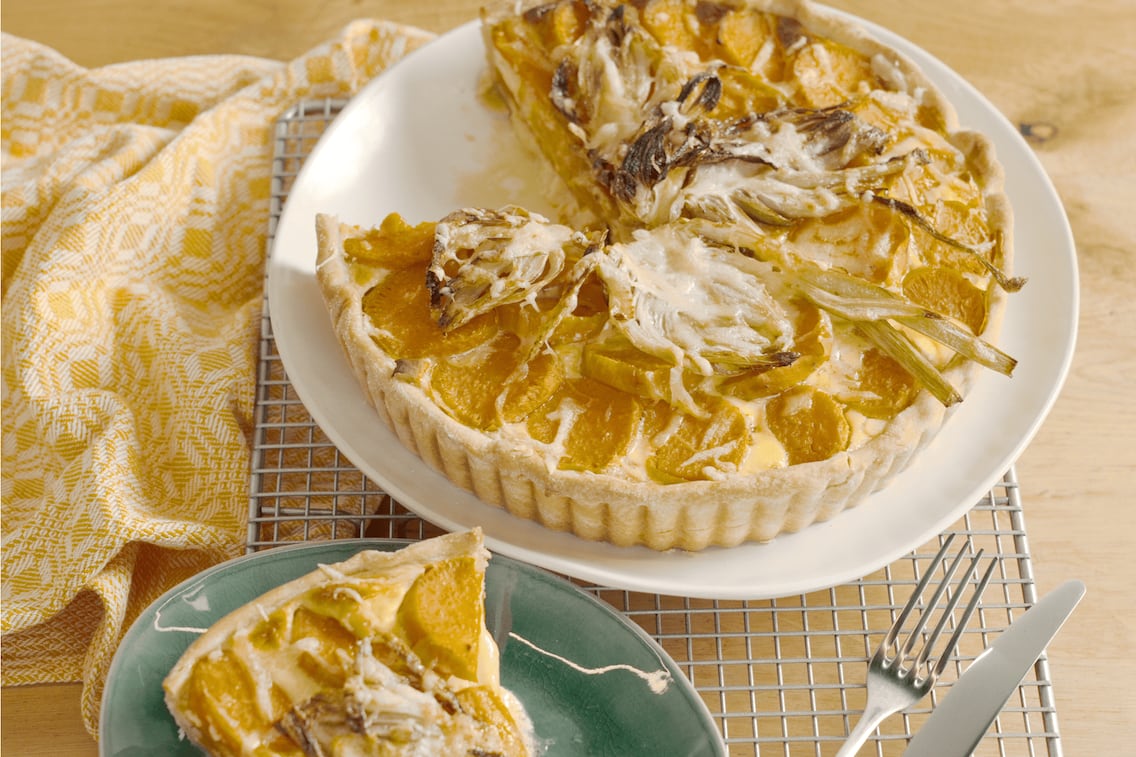 Süsskartoffeltarte mit Emmentaler und Fenchel